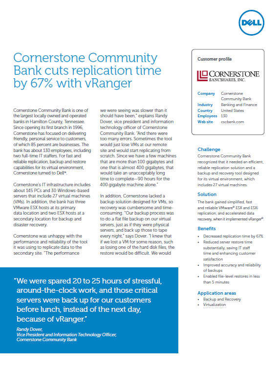 Casestudy: Cornerstone Community Bank cuts replication time by 67% with vRanger
