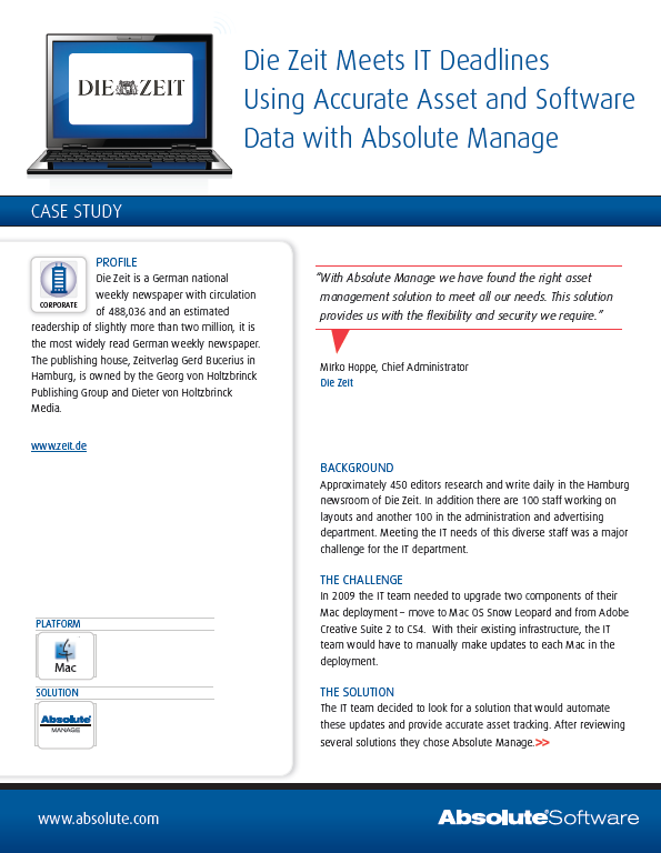 Die Zeit Meets IT Deadlines Using Accurate Asset and Software Data with Absolute Manage