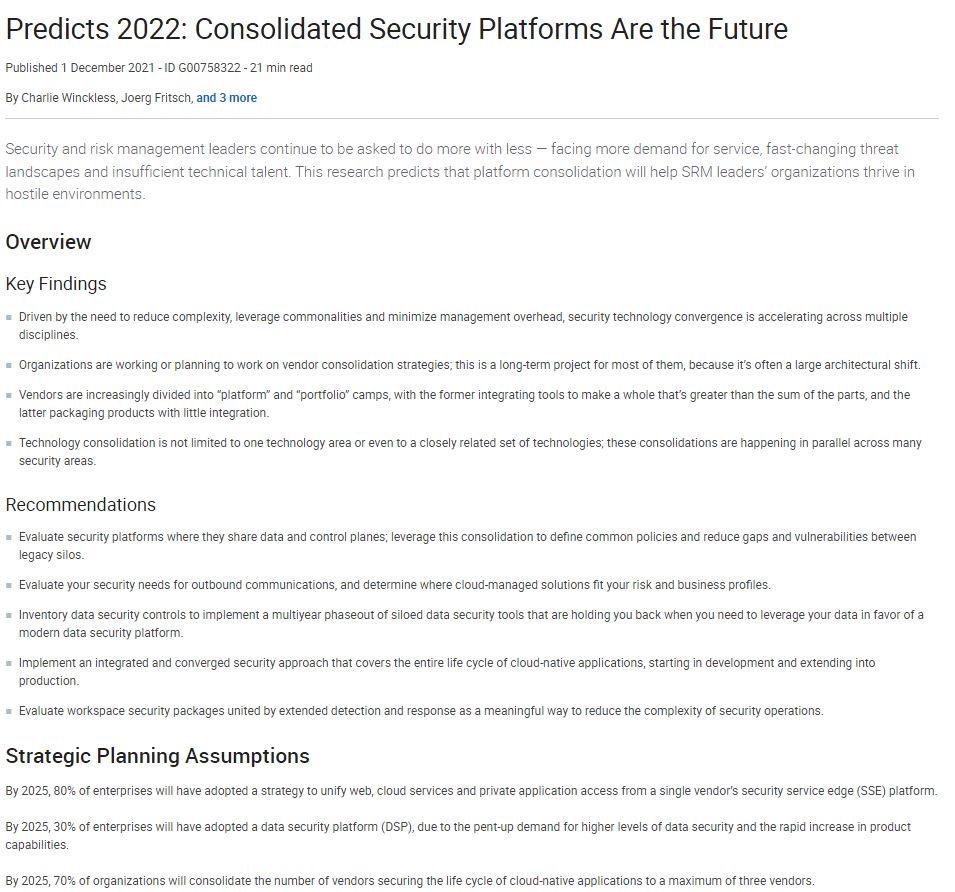 Gartner® Predicts 2022: Consolidated Security Platforms Are The Future