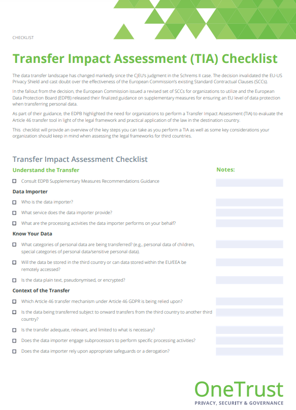 Transfer Impact Assessment (TIA) Checklist