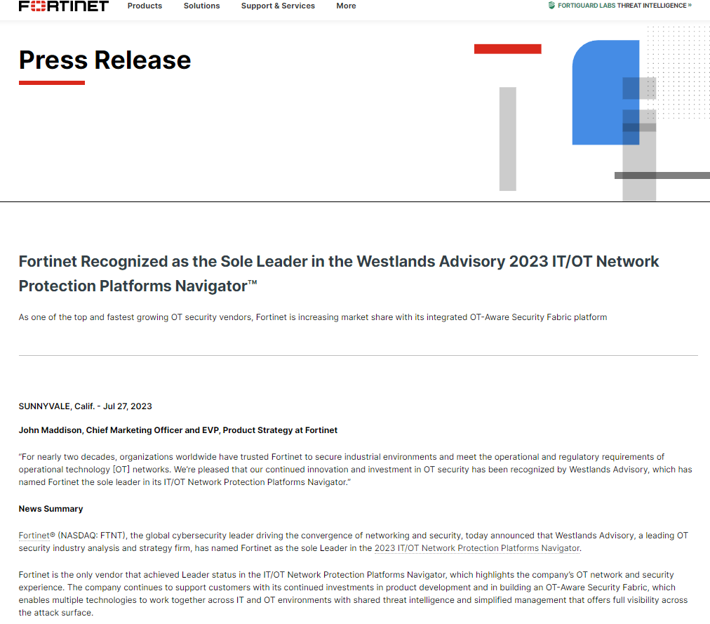 Fortinet Recognized as the Sole Leader in the Westlands Advisory 2023 IT/OT Network Protection Platforms Navigator™